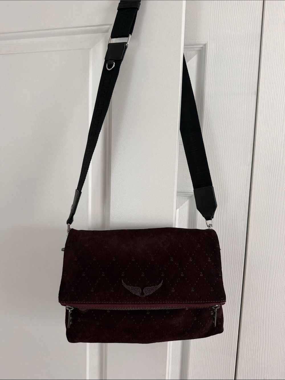 Zadig & Voltaire Dark Burgundy Suede Crossbody Bag with Black Strap